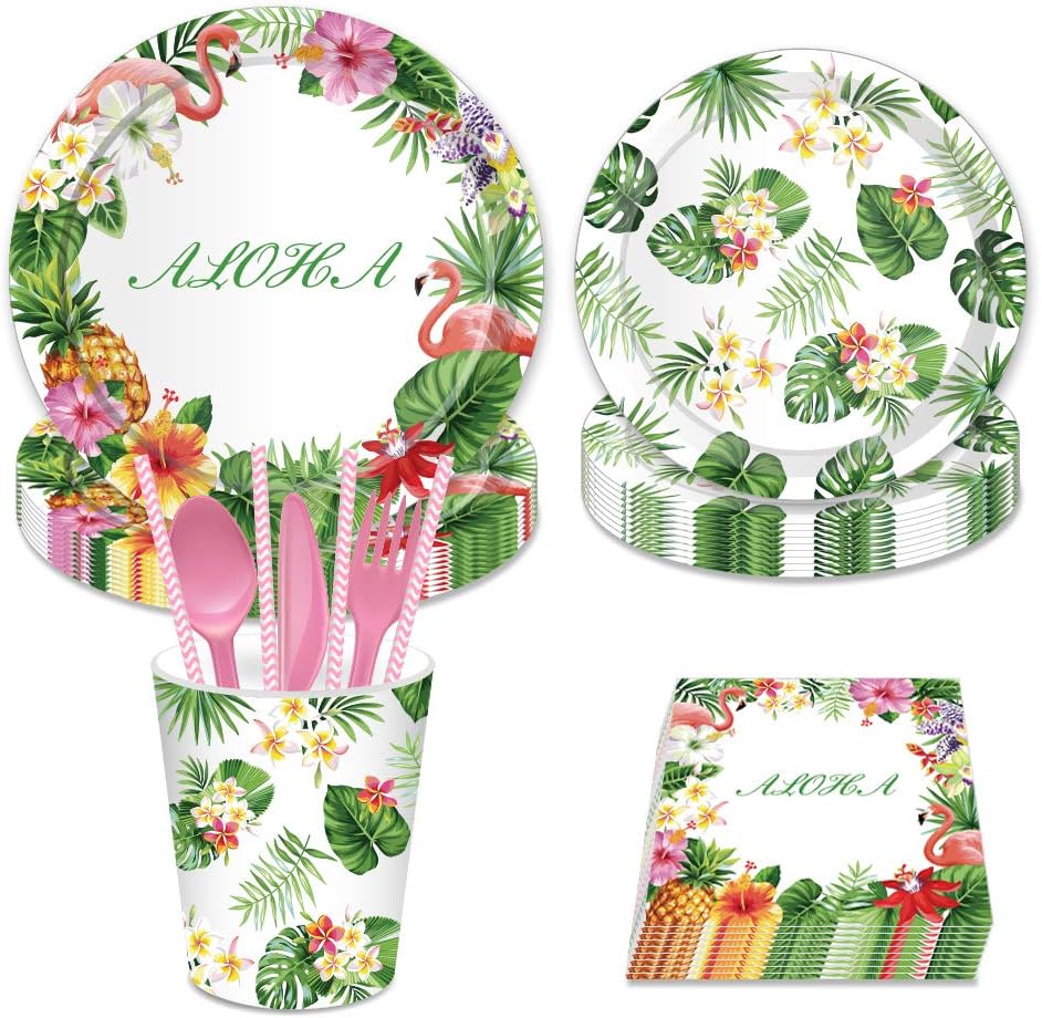 LJCL Hawaiian Party Supplies,Serves 16 ,Flamingo Party Bundle 9" Plates (16) 7" Plates (16)Napkins (40),Summer Leaves Flower Leis Design