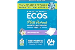 ECOS Laundry Detergent Sheets Vegan, No Plastic Jug, No Mess, Liquid Free - Hypoallergenic, Plant Powered Laundry Detergent Sheet - Lavender Vanilla - 64 Count (Pack of 1)