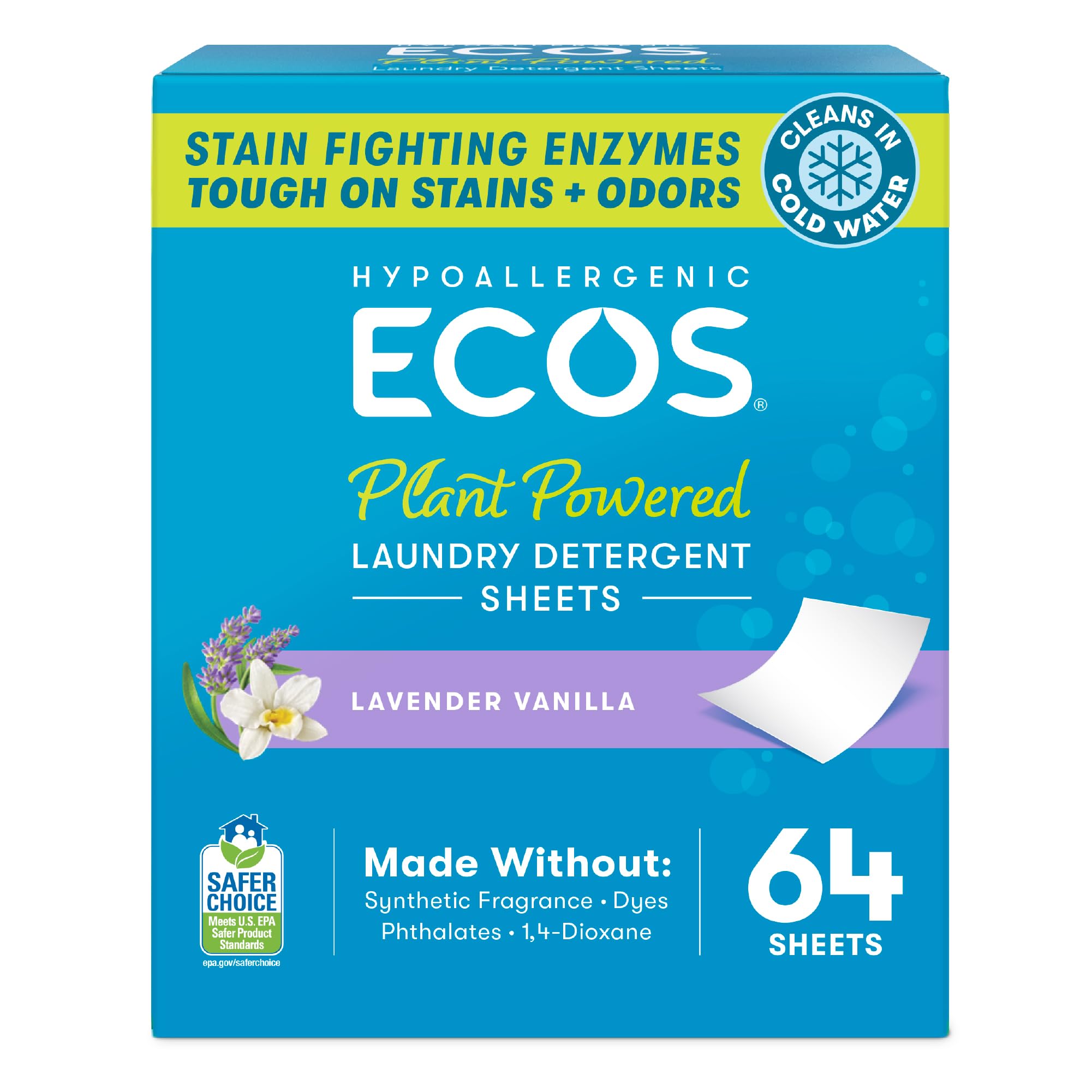 Photo 1 of ECOS Laundry Detergent Sheets Vegan, No Plastic Jug, No Mess, Liquid Free - Hypoallergenic, Plant Powered Laundry Detergent Sheet - Lavender Vanilla - 64 Count (Pack of 1)