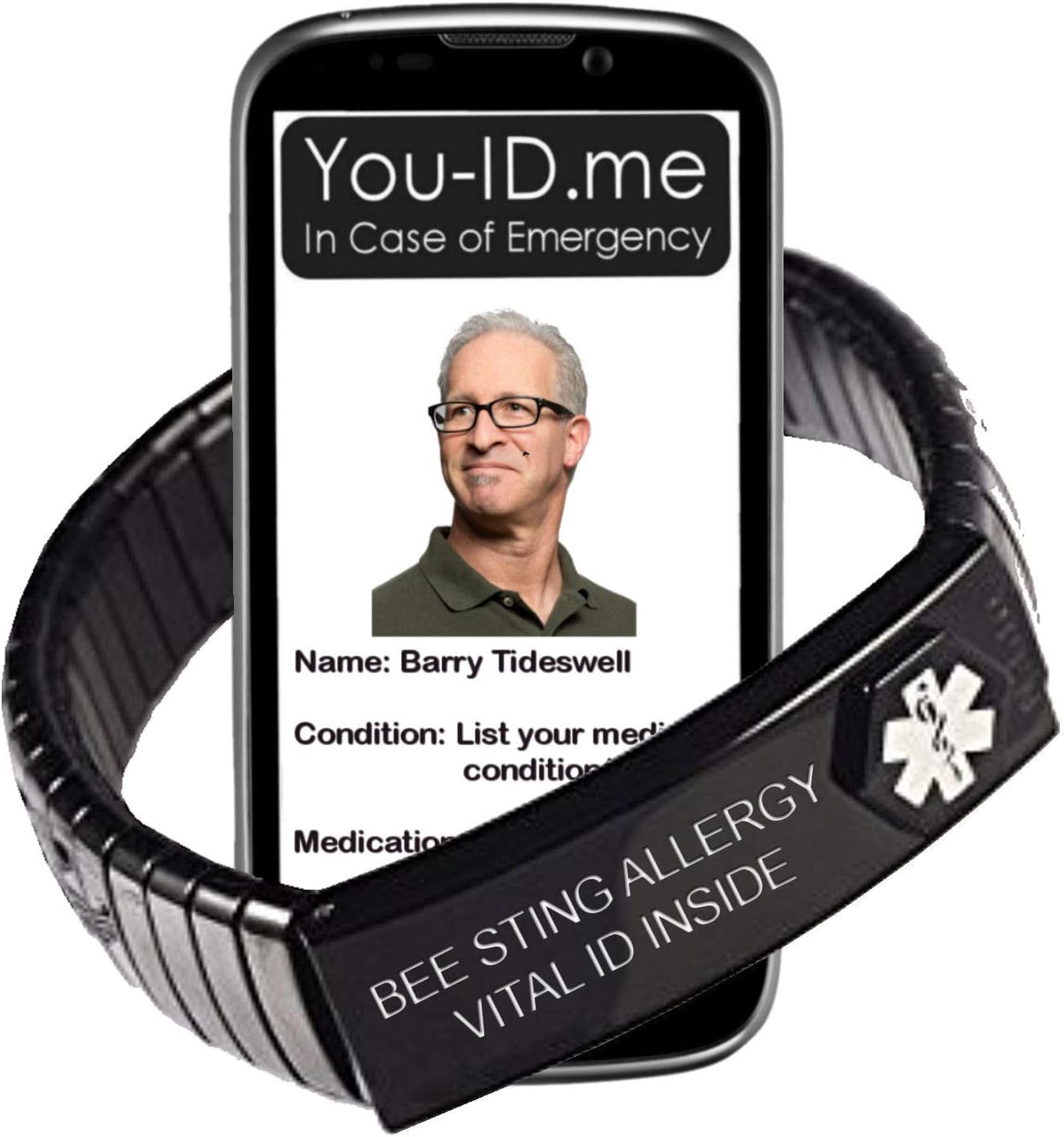 Bee Sting Allergy medical alert bracelet. Expanding stainless steel enclosure 2x ICE insert cards 100% waterproof. Updateable. Works with www.You-ID.me emergency ID SOS alert service