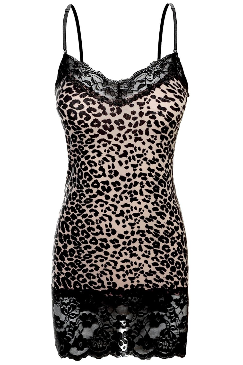 RT3000 Leopard Print Lace Trim Spaghetti Adjustable Strap Long Tank Cami Top Mocha S at Amazon 