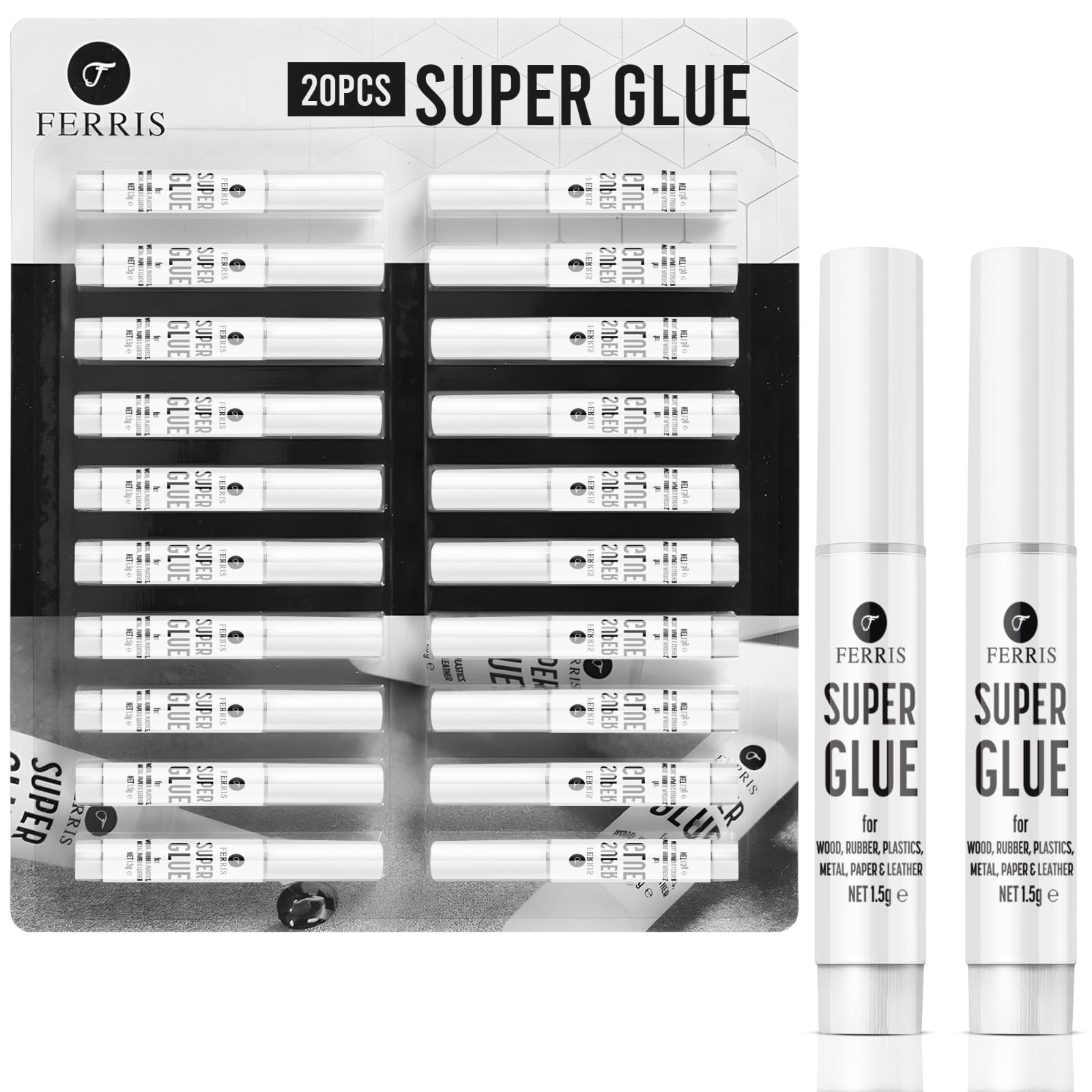 FERRIS Super Glue 20 Pack – Extra Strong Fast-Dry Formula, 10-Second Cure, 1.5g Tubes – Multi-Purpose Cyanoacrylate Adhesive for Wood, Plastic, Ceramic, Rubber & DIY Crafts