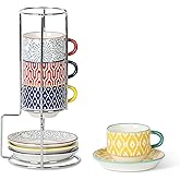 Selamica Ceramic Espresso Cups with Saucers and Metal Stand, 2.5 OZ Stackable Demitasse Cups for Espresso Latte Café Mocha Tea, Set of 4, Assorted Colors