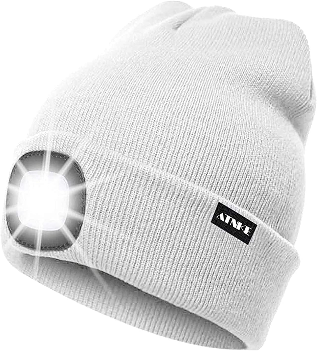ATNKE LED Lighted Beanie Cap,USB Rechargeable Running Hat Ultra Bright 4 LED Waterproof Light Winter Warm Gifts for Men and Women/White — image 1
