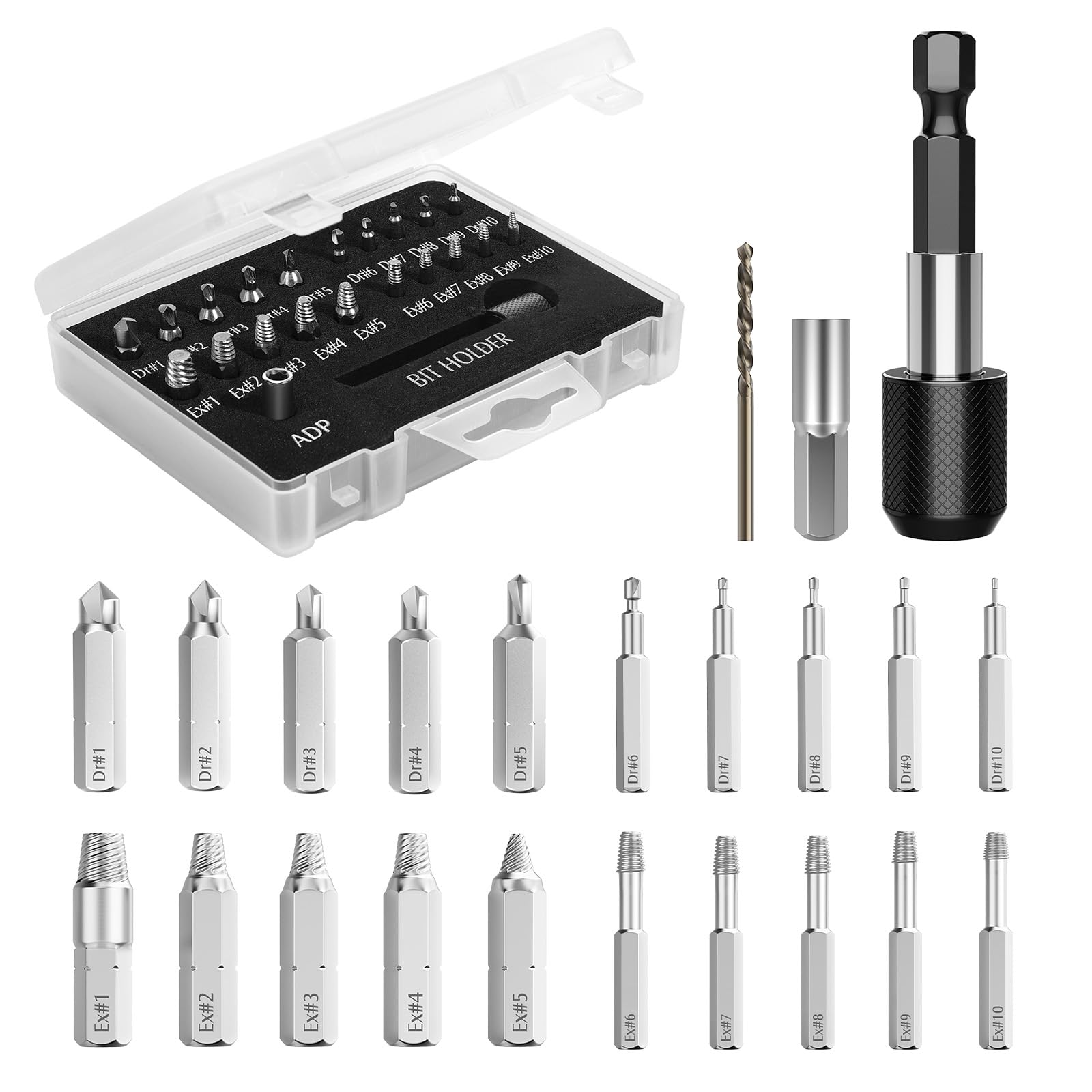 Nuovoware Damaged Screw Extractor Set, 22 PCS Easy Out Stripped Screw Extractor Kit, All-Purpose HSS Broken Screw Remover Set with Magnetic Extension Bit Holder & Socket Adapter, Silver — image 1