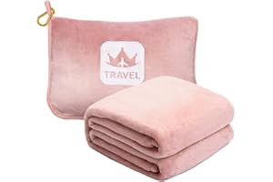 Excervent Travel Blanket 2 in 1 Soft Flannel Airplane Throw Blankets in Soft Bag Pillow case with Hand Luggage Belt, 65x40inch, Pink
