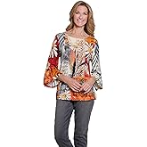 MULTIPLES Women's Petite Three Quarters Flounce Sleeve Bateau Neck Embellished Top, Multi