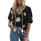 Summer Womens Spring Tops for Women Casual V Neck Half Short Sleeve Boho Blouses Shirts Flowy Vacation Clothes