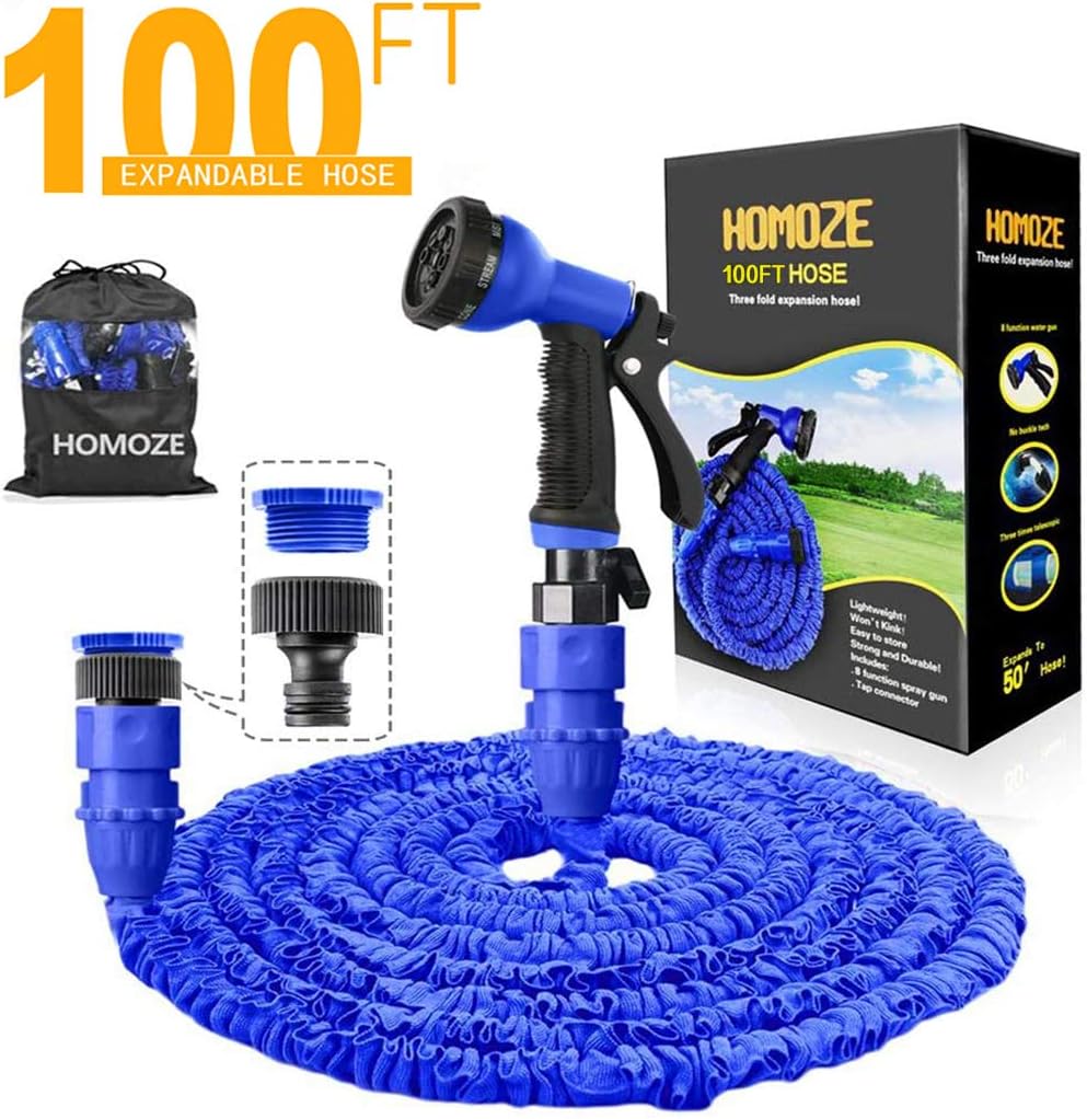 HOMOZE 100ft Expandable Garden Hose Pipe with 8 Function Spray Gun