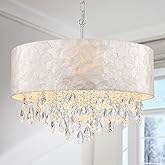 LumFurn X-Large 6-Light Drum Capiz Shell Crystal Chandeliers, Coastal Style Pendant Light Fixture for Dining Room, Living Roo