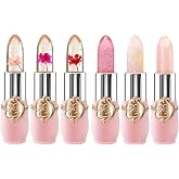 BestLand 6 Pcs/Set Flower Jelly Lipstick Set Temperature Change Moisturizer Long Lasting Nutritious Shimmer Lip Balm Magic Color Change Lip Gloss (Color Changing Lipstick Set B)
