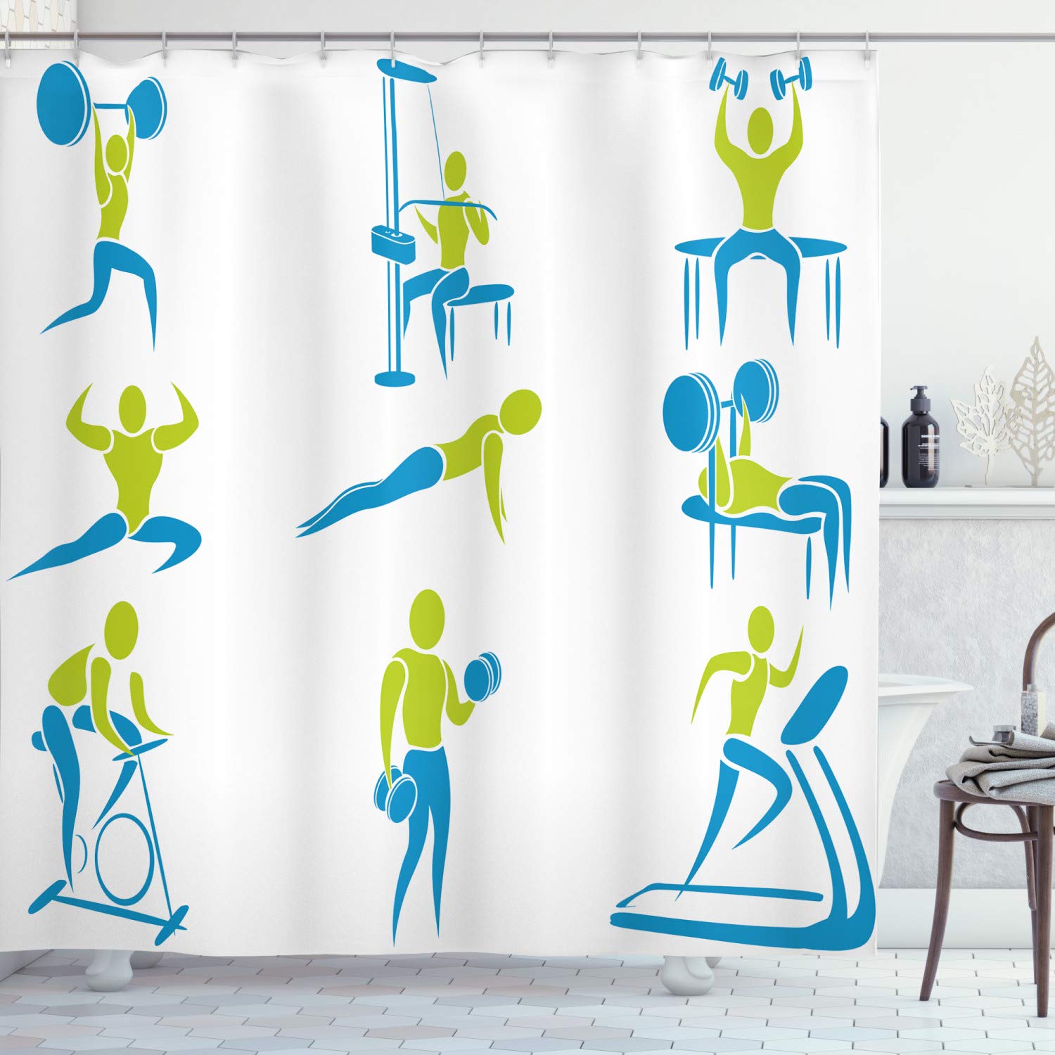 ABAKUHAUS Fitness Shower Curtain, Showing Different Gym Activities Weightlifting Equipment, Cloth Fabric Bathroom Decor Set with Hooks, 78 Inches, Apple Green Sky Blue — image 1