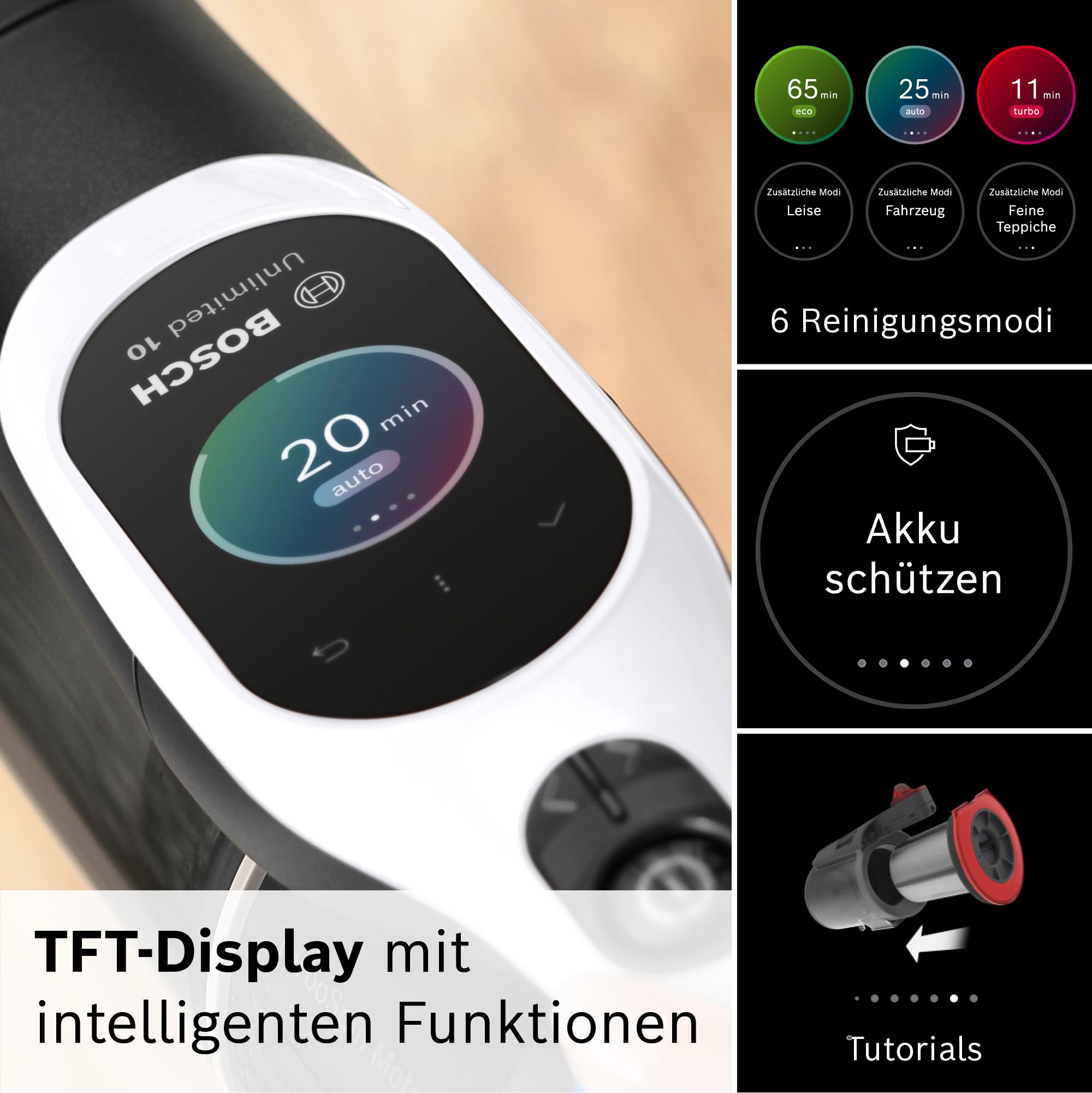 Bosch Akku-Staubsauger Unlimited 10 BTS1042WAC, kabellos, MicroClean Technology, TFT-Display, Staubkomprimierung, HEPA-Filtersystem, 10 J. Motorgarantie, 4 Ah Akku, LED-Licht, Schnellladegerät, weiß 5