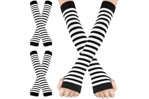 Syhood 2 Pairs Halloween Christmas Punk Gothic Rock Long Arm Warmers Knit Fingerless Gloves Thumb Hole Stretchy Women Stripe