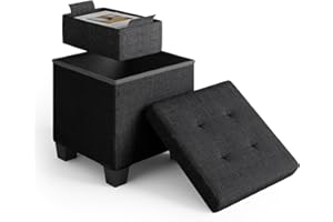 STORAGEBUD Storage Ottoman Cube with Small Bin, 16-in Square Ottoman with Storage for Living Room and Bedroom, Small Ottomans Foot Rest, Fabric Foot Stools Ottomans Max 330lbs, Black