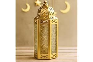VELA LANTERNS 10.5" Gold Moroccan Candle Lantern Decorative Candle Holder Lamp for Table or Hanging, Ramadan Decorations, Indoor Home Decor, Outdoor Patio or Porch, Weddings, Clear Glass, Medium