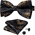 DiBanGu Black Gold Paisley Bow Tie for Men Adjustable Pretied Bow Tie Handkerchief Cufflinks
