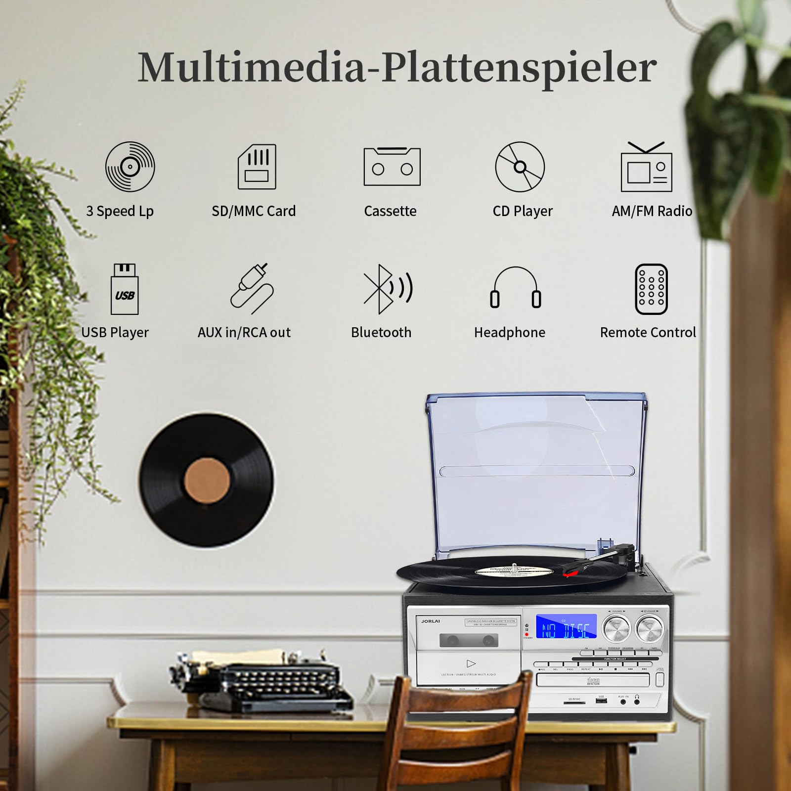 JORLAI Vintage Record Player 3 Geschwindigkeiten Plattenspieler mit Fernbedienung, Vinyl Bluetooth mit eingebauten Lautsprechern CD/Kassette AM/FM Radio USB/SD/MMC 3.5mm Aux-in/RCA-Out, Schwarz 2