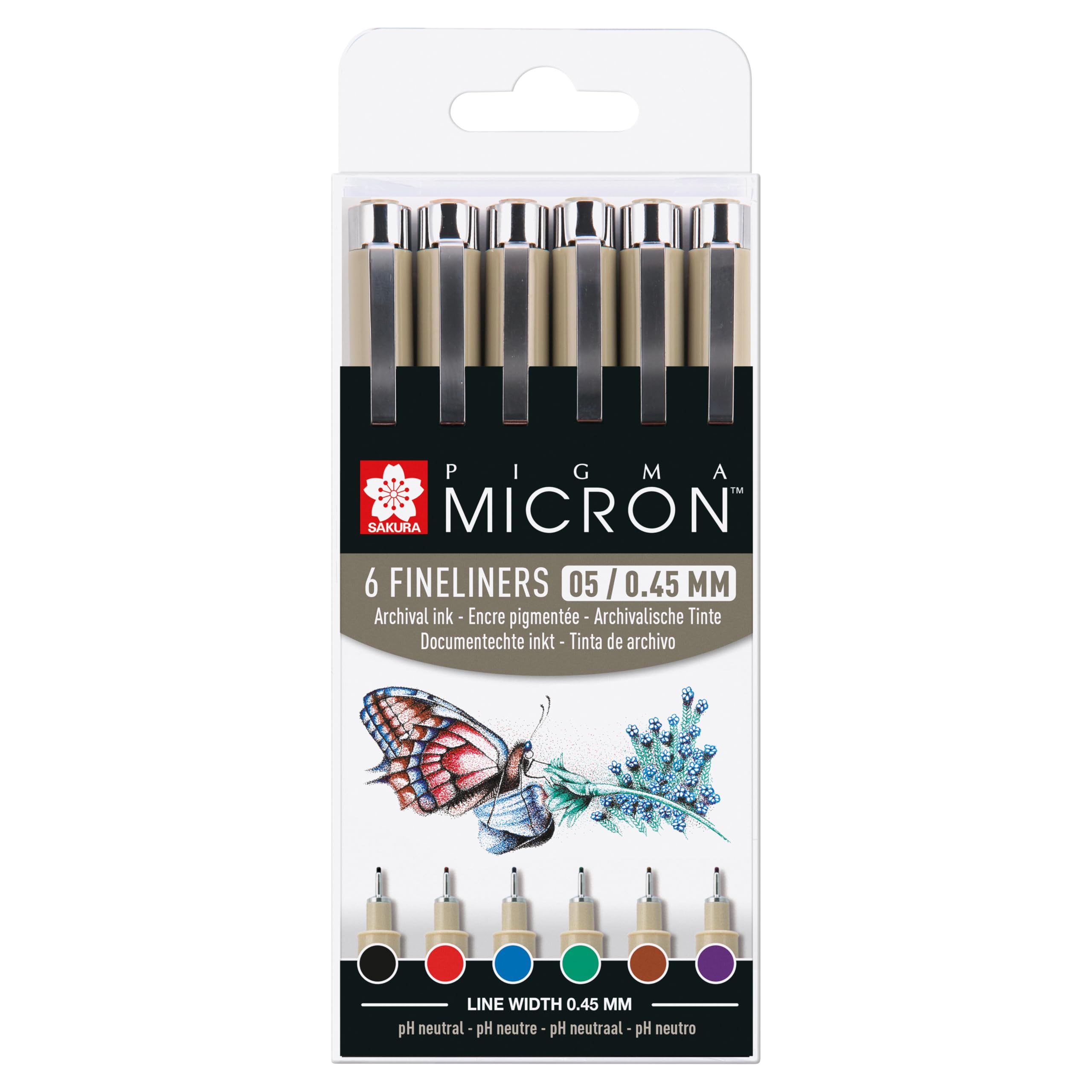 SAKURA Pigma Micron Fineliner Set - 0.45 mm - 6 Colours - Waterproof Permanent Ink - Ideal for Zentangle, Manga Artists & Hobbyists