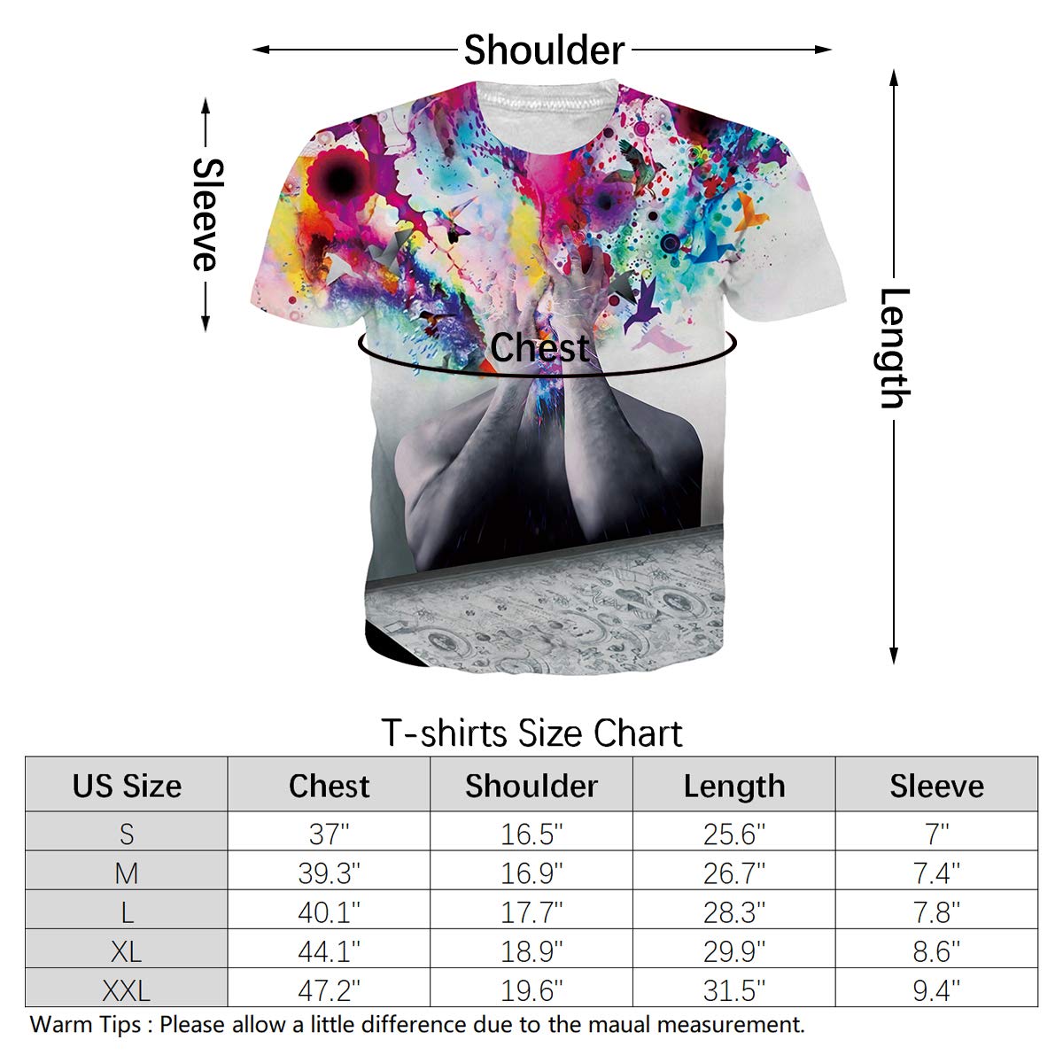 Creative Thinker T-shirts for Men Women Digital Realistic Print Colorful Graffiti Paint Graphic Tees Loose Fit Crewneck Summer Novelty Casual Short Sleeve Tops Retro Sportstyle Loose Fit Undershirts M
