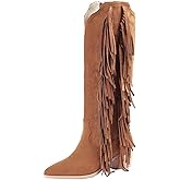 KiutSymo Fringe Cowboy Boots for Women Knee High Pointed Toe Block Heel Western Cowgirl Boots Outfits Brown Size 6