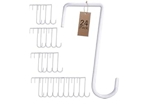 JOYSEUS 24pcs Vinyl Fence Hooks, 2 x 6 Inches Patio Hooks, White Powder Coated Steel Fence Hooks Hangers for Hanging Plants, Lights, Pool Equipment