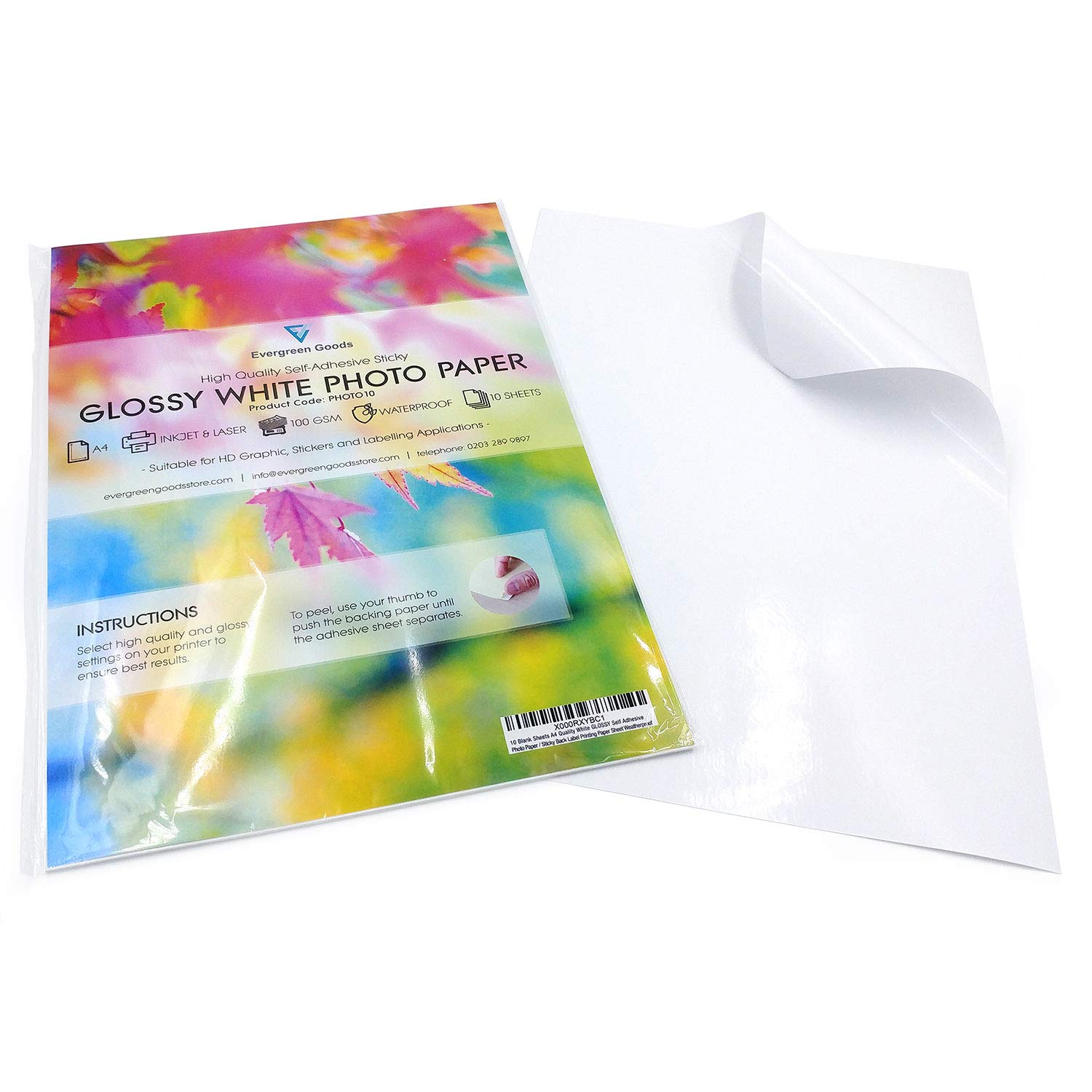 Evergreen Goods A4 White Glossy Sticker Photo Paper for Personalised Stickers Labels, Ideal for Crafters and Small Business Owners, Splashproof, Laser & Inkjet Printer Compatible (100 Sheets)