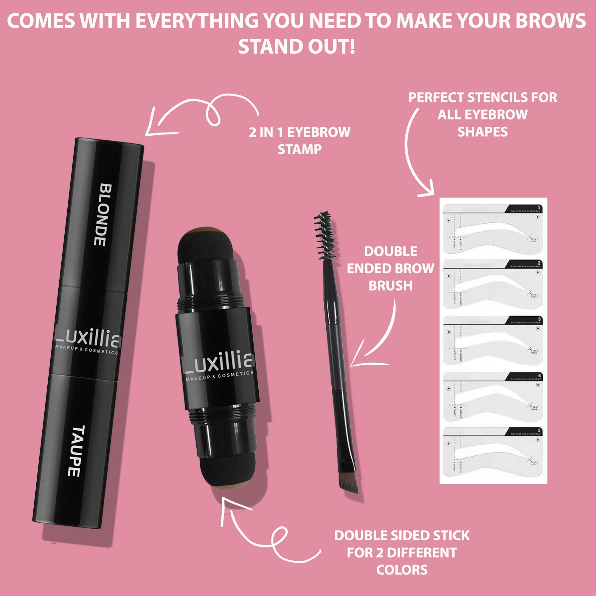 Luxillia Eyebrow Stamp Stencil Kit Dual-Color, Perfect Instant Brows Every Time, Adjustable for all Eyebrow Shapes, Waterproof and Sweatproof, Reusable & Super Easy To Use (BLONDE & TAUPE)