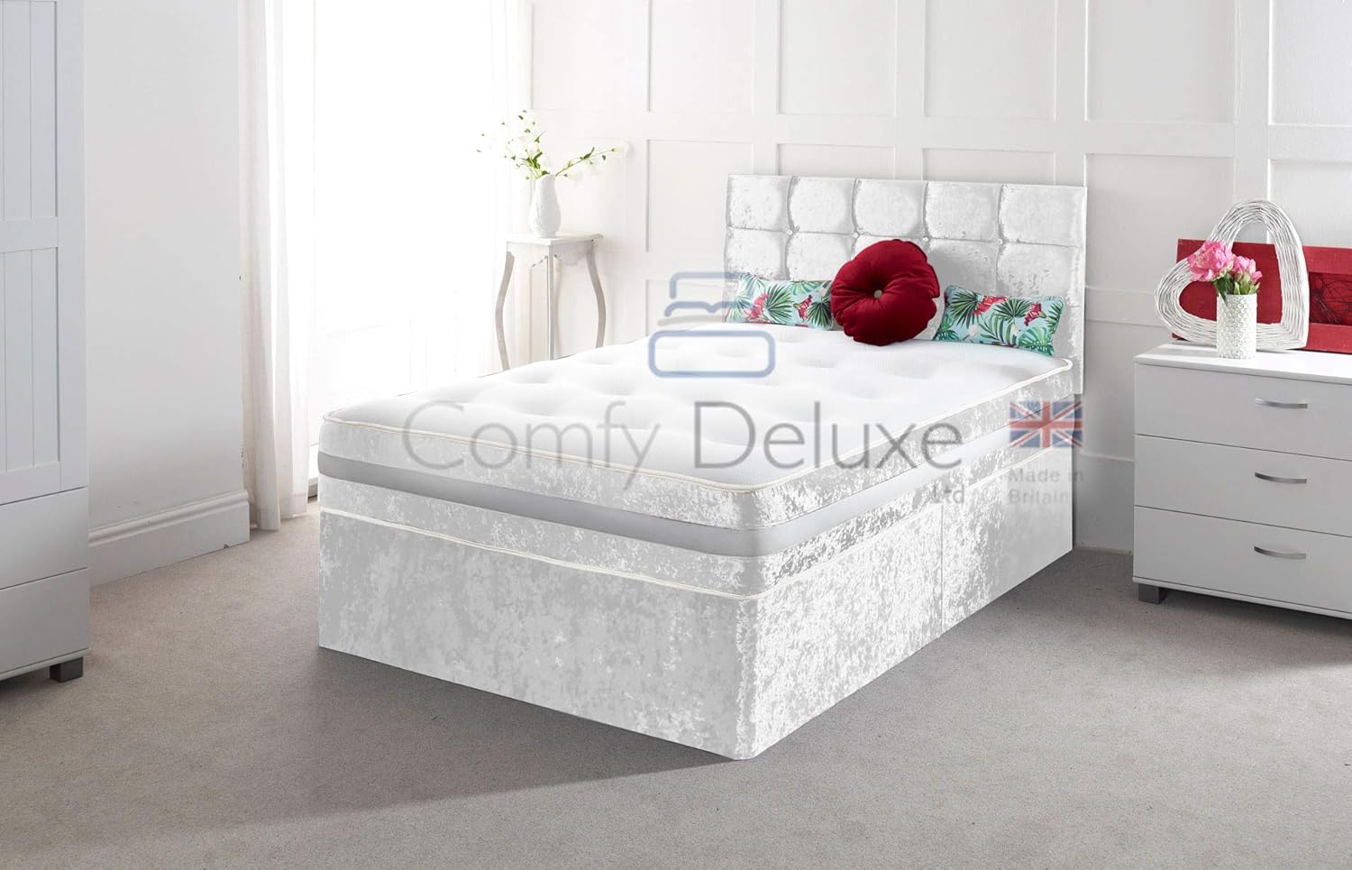 Crushed Velvet Divan Bed Set with Mattress and Free HEADBOARD