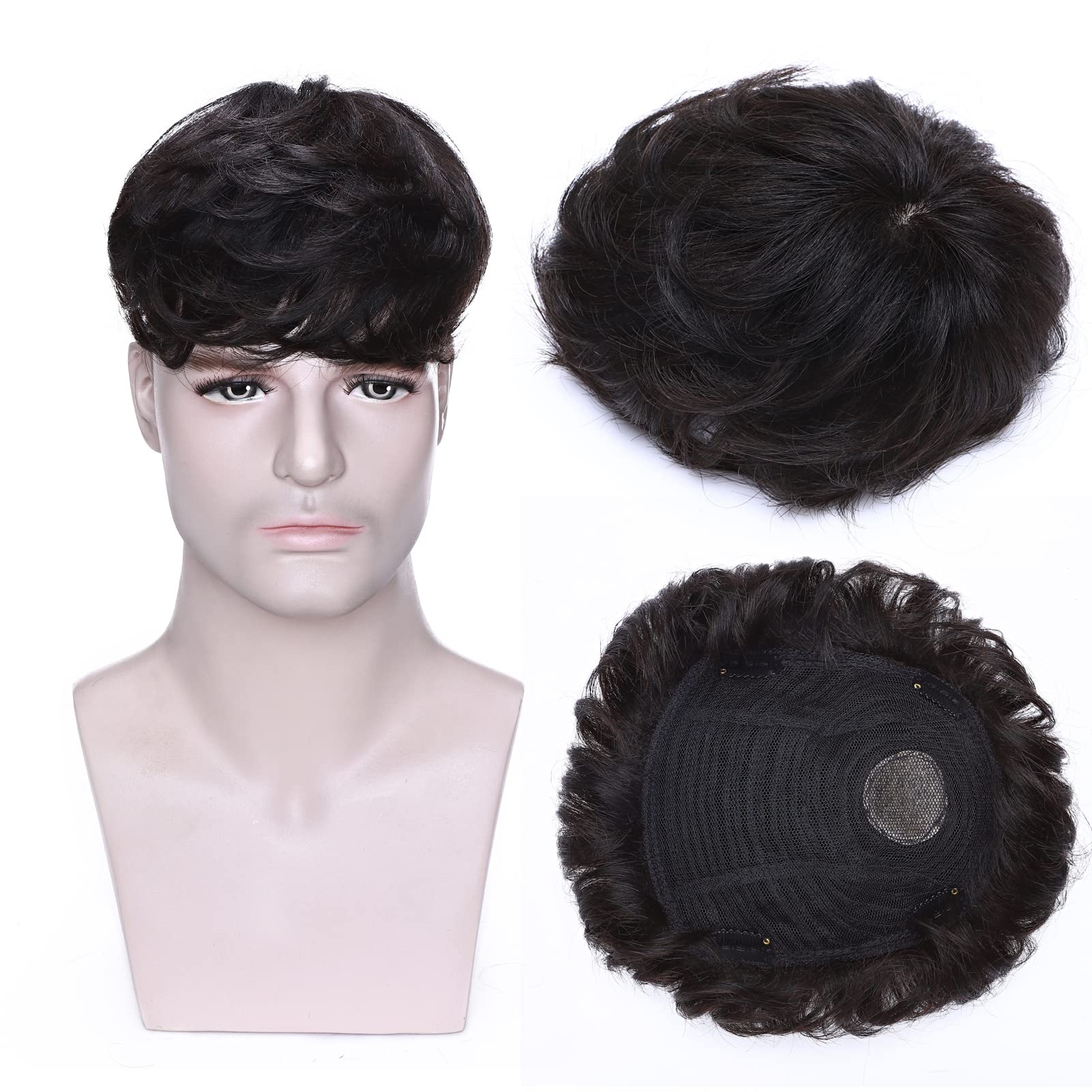 Photo 1 of MY-LADY Toupee for Men Hair Pieces Human Hair Toppers 6.3"x7.5" Hair Replacement System 150% Density Clip in Hairpiece Silky 100% Real Human Hair Natural Black