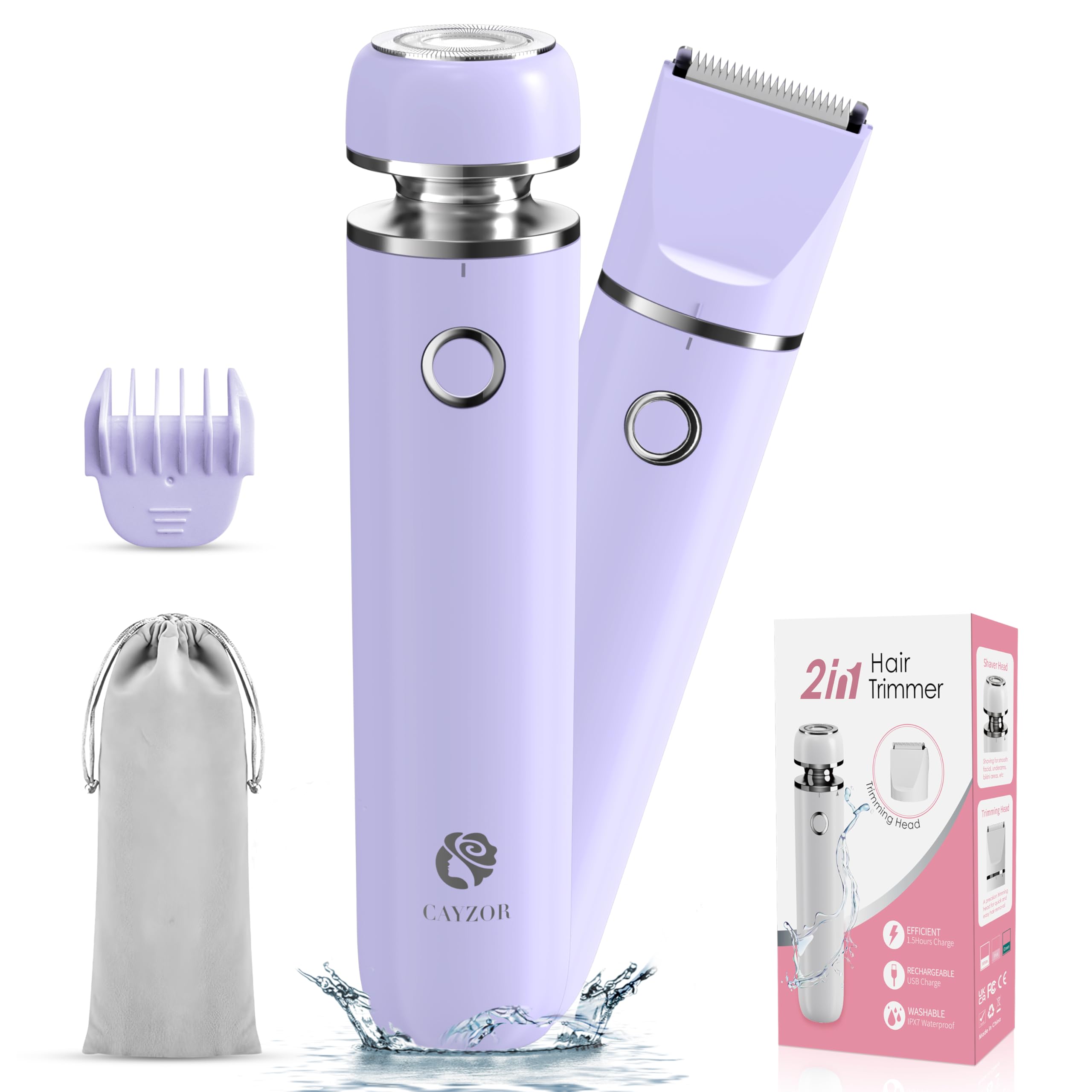 Cayzor Bikini Trimmer and Shaver Kit for Women - 2-in-1 Wet/Dry Electric Body Hair Trimmer Facial Hair Removal Cordless Waterproof Bikini Shaver Razor for Face Lip Chin Pubic Underarm Legs