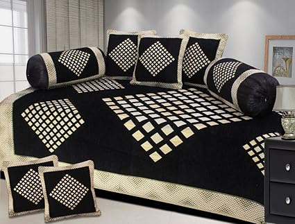 Fresh From Loom 500 Tc Premium Chenille Geometric Brown Diwan Set - 8Pc Set, Black