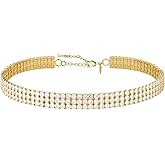 Silver Cubic Zirconia Choker Necklace for Women, 18K Real Gold Plated Faux Diamond Choker Necklaces for Costume, Bling Rhinestone Jewelry Gift for Prom Wedding Bridal Bridesmaids