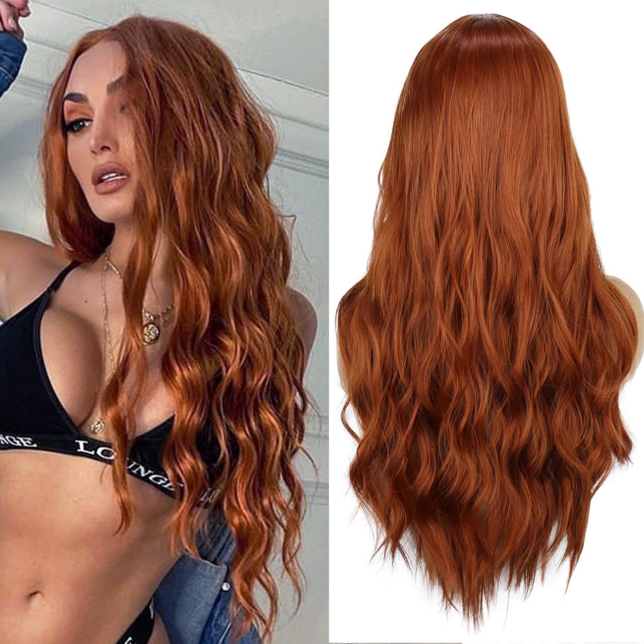 PORSMEER Long Hair Auburn Wigs for Women Natural Wavy Curly Ginger Red Wig Middle Part Heat Resistant Replacement for Daily Use or Cosplay Party