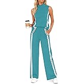 Casly Lamiit Womens 2 Piece Lounge Set Stripes Travel Outfits Sweatsuit Mock Neck Tank Top Wide Leg Pants Casual Activewear