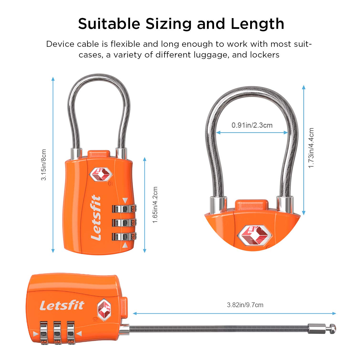 TSA Approved Luggage Locks, Letsfit Travel Combination Cable Luggage Locks, Easy Read Dials, Alloy Body - Ideal for Travel, Lockers, Bags, 4 Pack Orange
