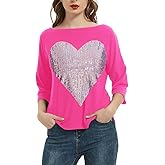 PESION Women's Sparkly Sequin Heart Love Shirts 3/4 Sleeve Loose Tunic Tops Boat Neck Love T-Shirt Tees