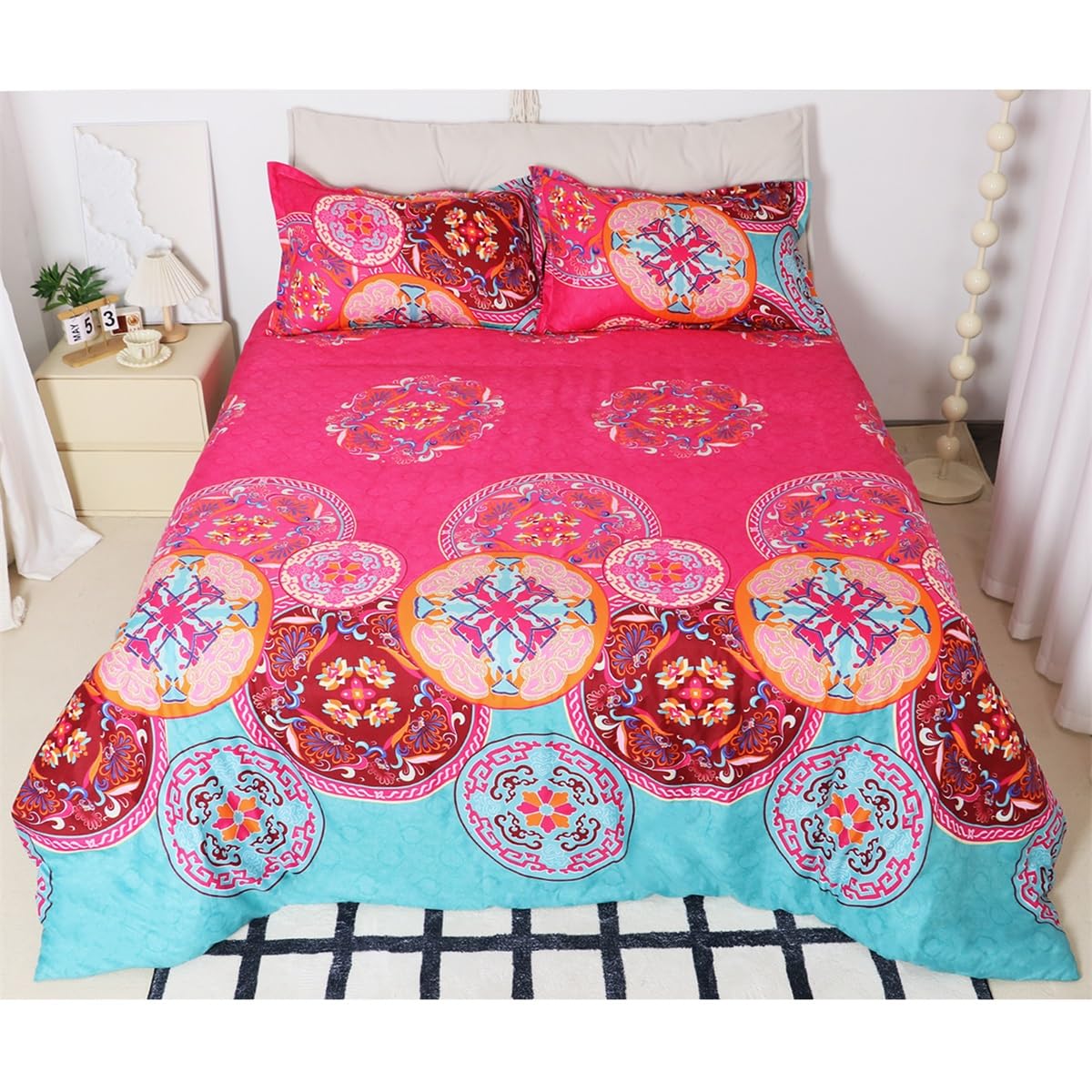 Loussiesd Bohemian Comforter Cover Single Size 2 Pieces Bedding Set Decoration Ethnic Vintage Floral Sheet with 1 Pillow Shams Zipper Ultra Soft Microfiber Exotic Tribal Pattern Bedspread Cover