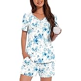 ALIGADUO Womens Summer Comfy V Neck Sleepwear Pjs Casual Two Piece Pajama Set With Pockets