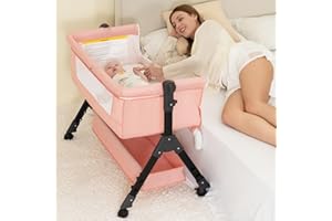 Foalom Baby Bassinet, Bedside Crib for Baby, Baby Cradle with Storage Basket and Mosquito Nets, Easy Folding Bedside Sleeper Adjustable Hight Portable Baby Bed for Infant Newborn (Pink)