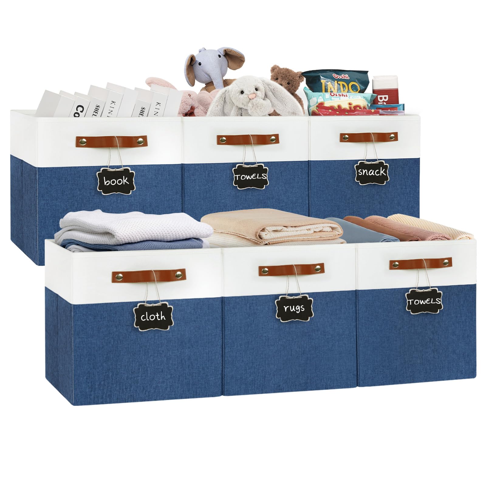 Photo 1 of 13x13 Storage Cubes 6-Pack, Large Foldable Fabric Cube Storage Bin with Reinforced Bottom and Labels, Organizer Baskets for Shelves, Closets(White/Blue)