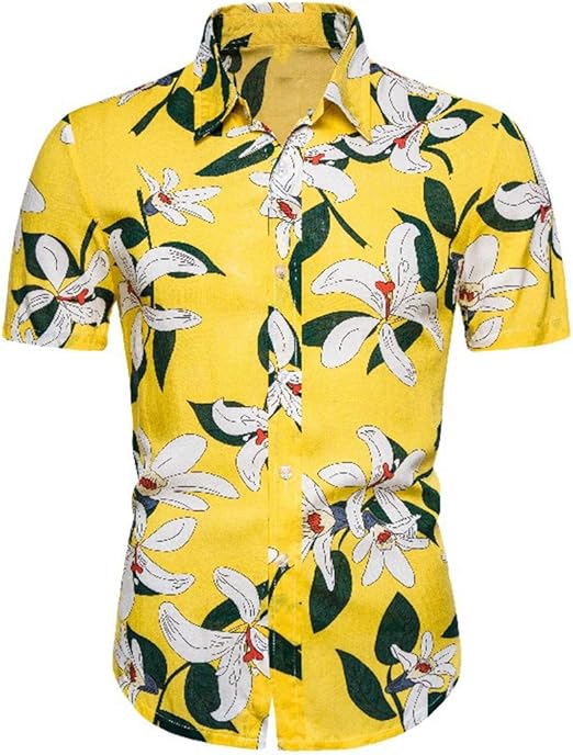 Kisbcynesting Yellow Hawaiian Shirt Men Flower Print Short Sleeve