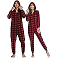 COLORFULLEAF Couples Matching Christmas Pajamas for Family Hoodie Fleece Onesie Plaid Union Suit Full Zipper Jumpsuits