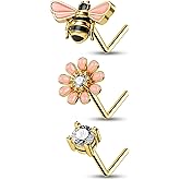 CM Crareesi Mania Bee Nose Studs 316L Stainless Steel Nose Rings Stud Pack 20 Gauge Gold Nose Piercing Jewelry L Shaped Nose Rings for Women