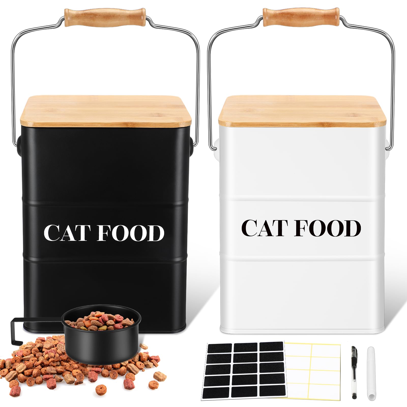 Photo 1 of Tioncy 2 Pcs Metal Cat Food Containers with Bamboo Lids and Spoon Airtight 5-7 Lbs Cat Treat Snack Jars with DIY Labels Big Pet Cookie Storage Bin for Kitchen Counter (Black, White)