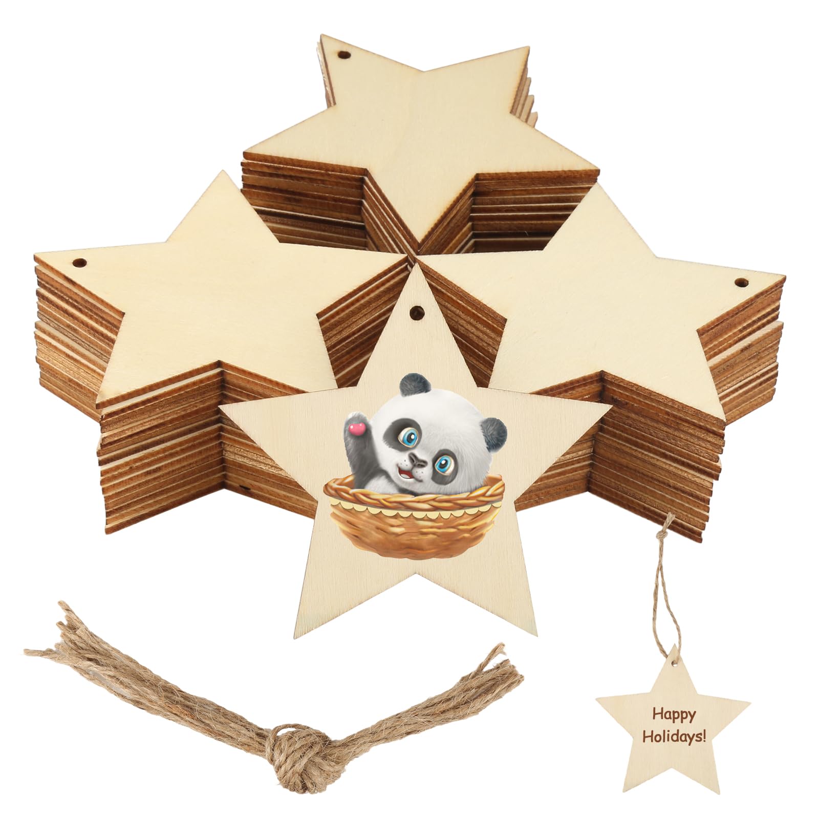 Pack of 50 Wooden Stars Decoration, 8 cm Stars Crafts, Wooden Stars for Crafts, Stars Wood with Jute Rope, Wooden Stars for Hanging Christmas Tree Decorations Wood, Wedding Decoration, DIY Crafts
