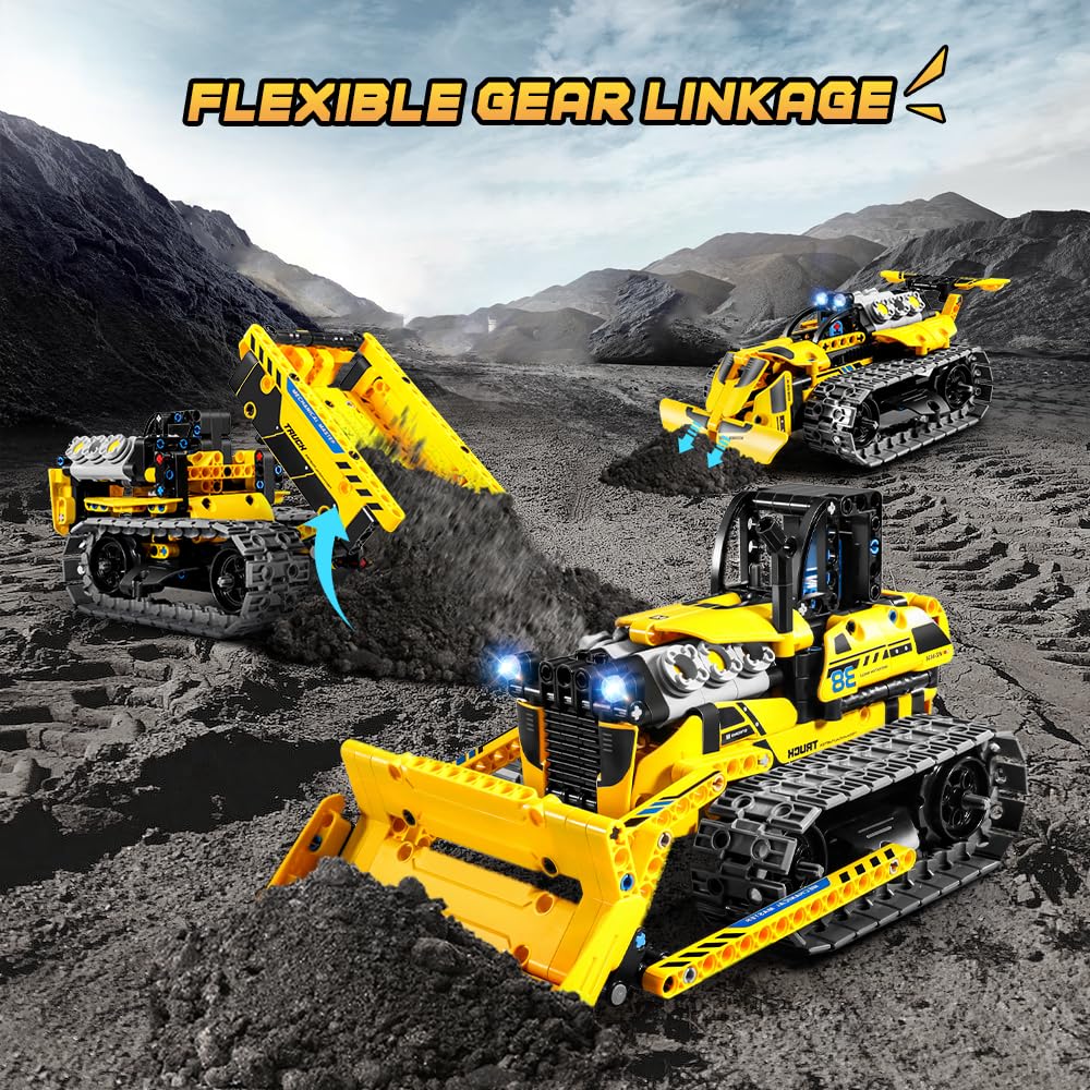 PLAXSOON Technik Ferngesteuertes Baufahrzeug Bauspielzeug mit Wiederaufladbare Akku, 3-in-1 RC STEM Bulldozer Kipplaster Klemmbausteine 452 Stück, Geschenk für Kinder Jungen ab 8-12+ Jahren 7