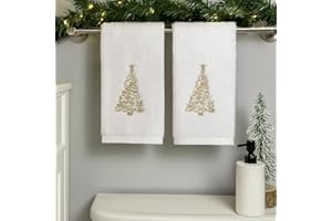 Serafina Home Decorative Christmas Theme Towel Set: Luxury Bathroom Plush Velour Cotton Hand Towels of Gold Embroidered Tree, Set of 2