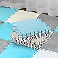18 Pcs Plush Foam Floor Mat Square Interlocking Carpet Tiles with Border Fluffy Play Mat Floor Tiles Soft Climbing Area Rugs for Home Playroom Decor, 12 x 12 x 0.4 Inch (White, Light Gray, Royal Blue)