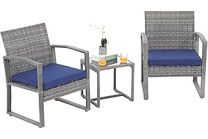 Patiorama 3 Pieces Outdoor Patio Furniture Set, Outdoor Wicker Conversation Set, Patio Rattan Chair Set, Modern Bistro Set with Coffee Table, Garden Balcony Backyard Poolside (Navy Blue)